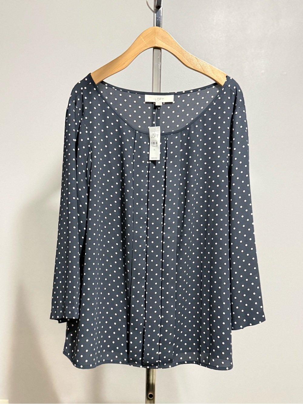 LOFT Ann Taylor Navy Blue Polka Dot Pleated Blouse NWT Size XL New
